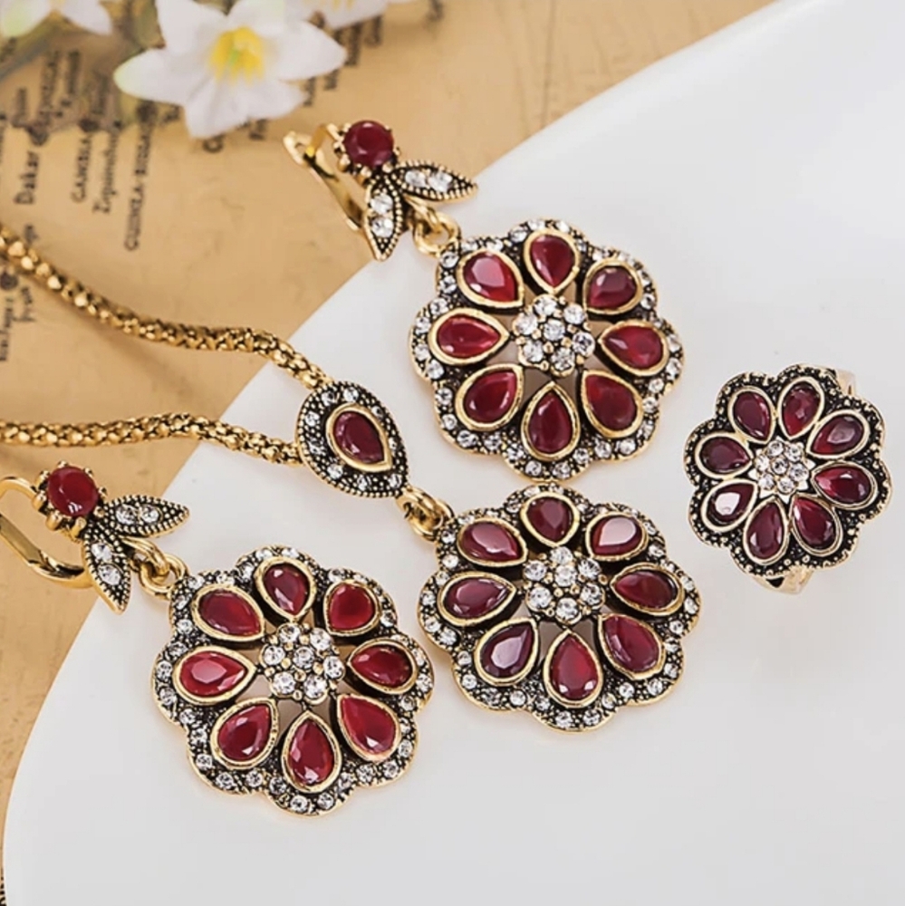 Turkish Vintage Style Jewelry Set forWomen,NEW,3Pcs,Flower,WeddingHandmadeGift